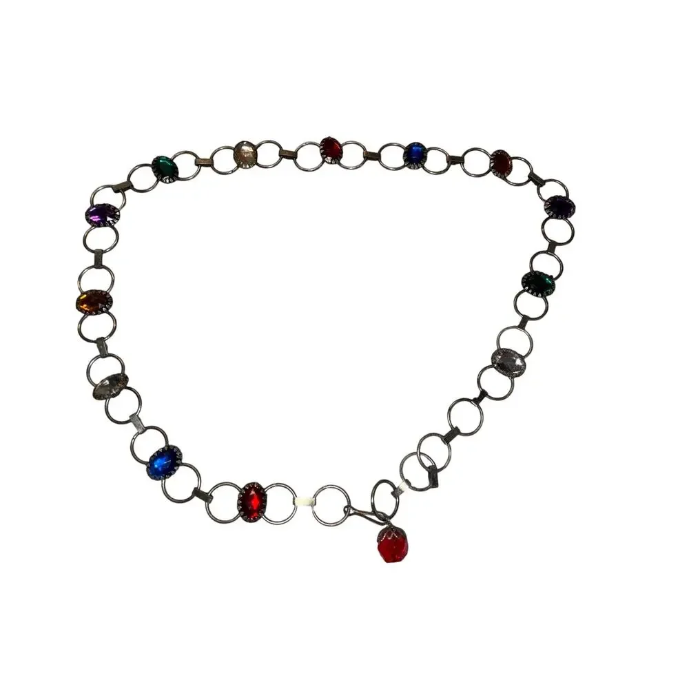 Vintage Multicolor Rhinestone Chain Belt Silver Link Festival Hippie Charm